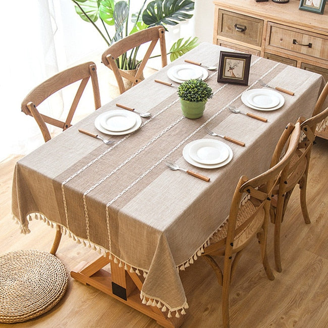 Plaid Decorative Linen Tablecloth With Tassel Waterproof Oilproof
