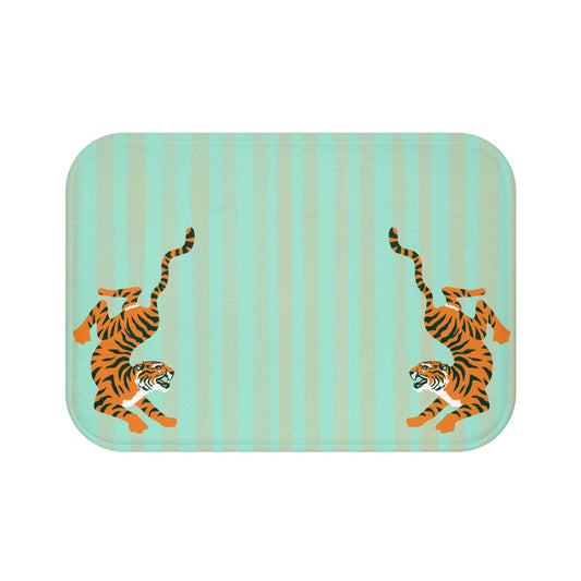 Pastel Turquoise Striped Rug with Tigers
