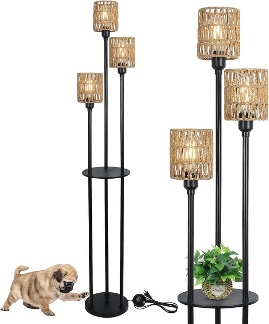 Tall Floor Lamp with ON/OFF Foot Switch Rustic Standing Lamp with Rattan Shades