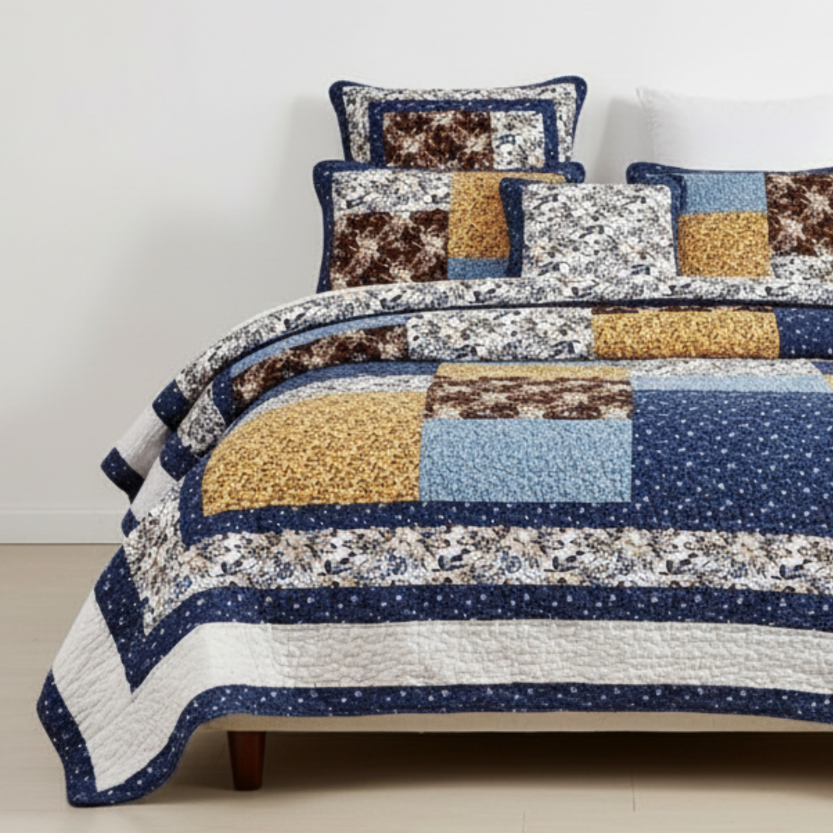 Prairie Sunset White Blue Yellow Brown Floral Cotton Patchwork Quilt Set