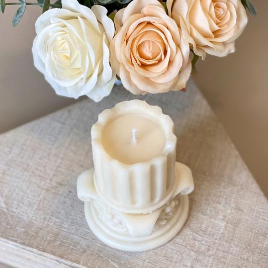 Romano Pillar Sculpture Candle – Hand-Poured Soy Wax | Ivory & Brown