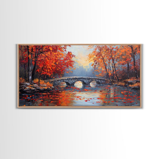 Autumn River Bridge Framed Canvas Print