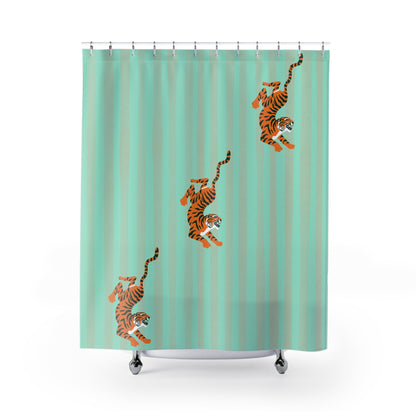 Pastel Turquoise Striped Tiger Shower Curtain