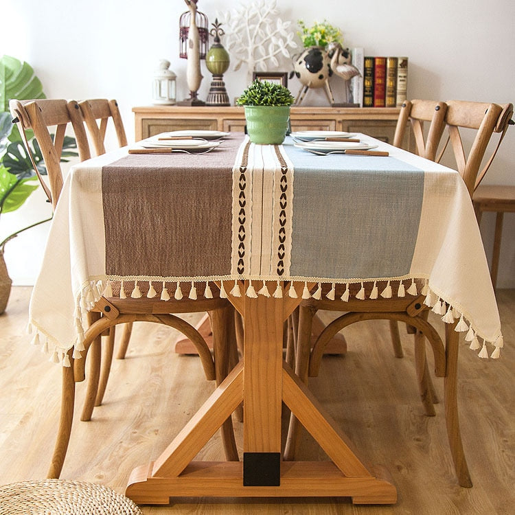 Plaid Decorative Linen Tablecloth With Tassel Waterproof Oilproof