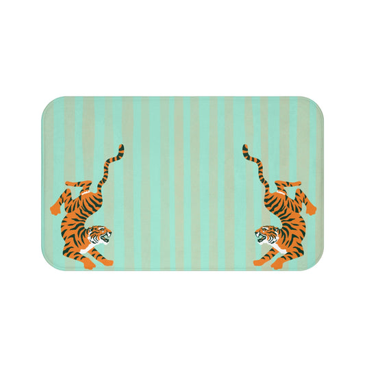 Pastel Turquoise Striped  Rug with Tigers