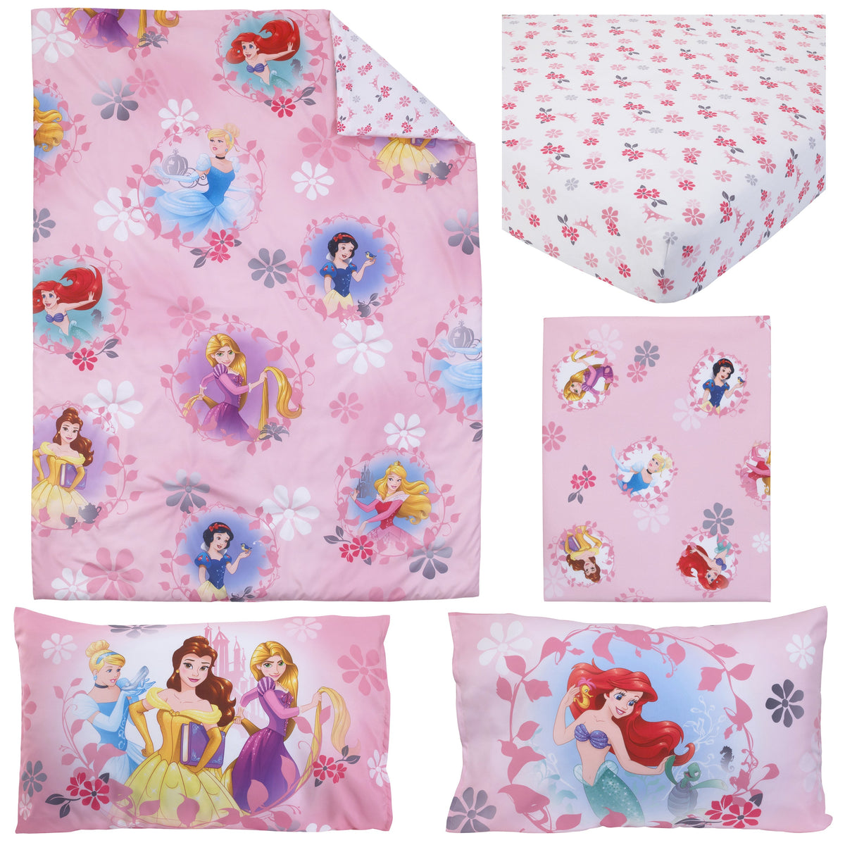 Disney Pretty Pretty Princess Pink, Blue, and Yellow 4 Piece Toddler Bed Set
