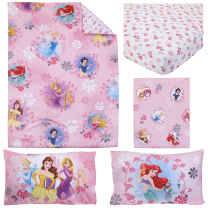 Disney Pretty Pretty Princess Pink, Blue, and Yellow 4 Piece Toddler Bed Set