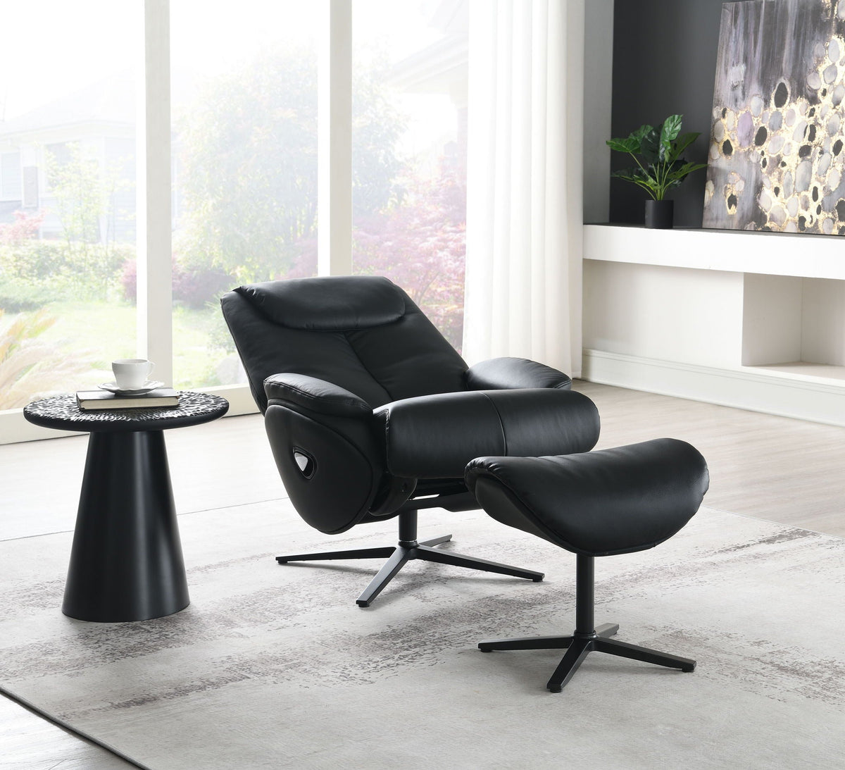 Top Grain Leather Accent Chair With Swivel & Ottoman - Black