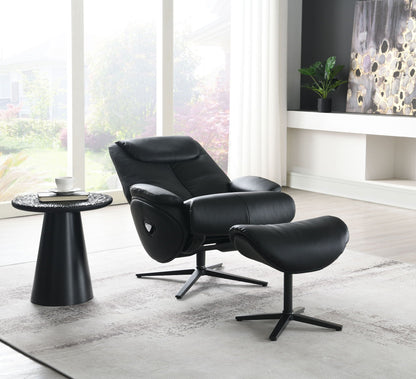 Top Grain Leather Accent Chair With Swivel & Ottoman - Black