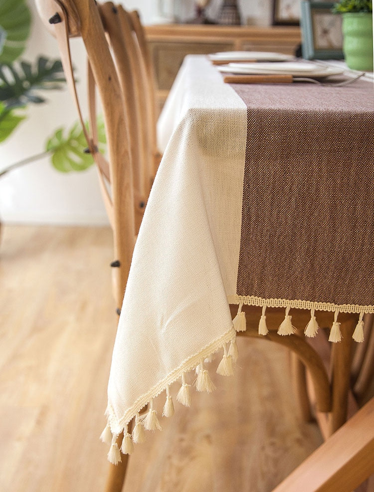 Plaid Decorative Linen Tablecloth With Tassel Waterproof Oilproof