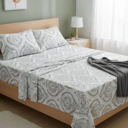 Dreamy Moon Sky Heather Gray White Bed Sheet Set