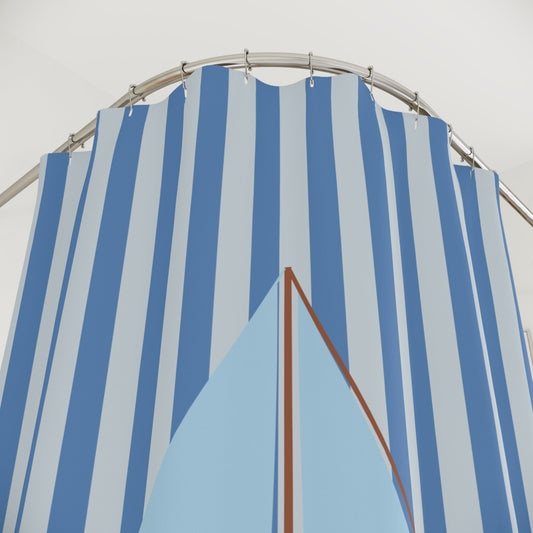 Nautical Blue Striped Shower Curtain with Vintage Sailboat