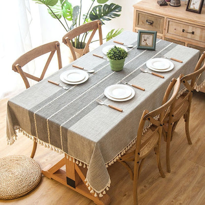 Plaid Decorative Linen Tablecloth With Tassel Waterproof Oilproof