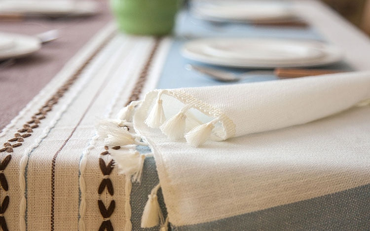 Plaid Decorative Linen Tablecloth With Tassel Waterproof Oilproof