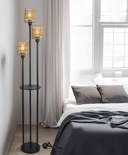 Tall Floor Lamp with ON/OFF Foot Switch Rustic Standing Lamp with Rattan Shades