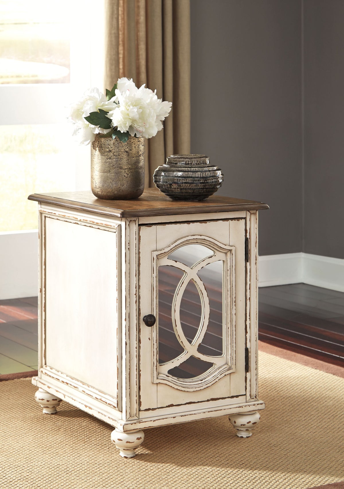 Chair Side End Table - Insert Mirror - White / Brown