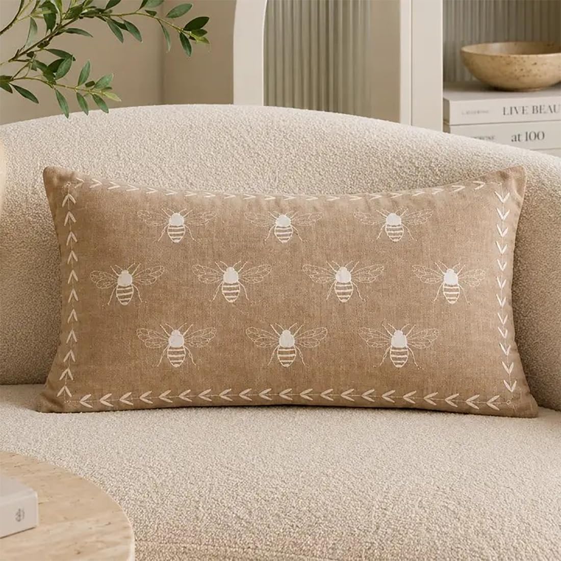 Ivory Embroidered Bee Decorative Filled Throw Pillow, 18" X 18", 1-Pack