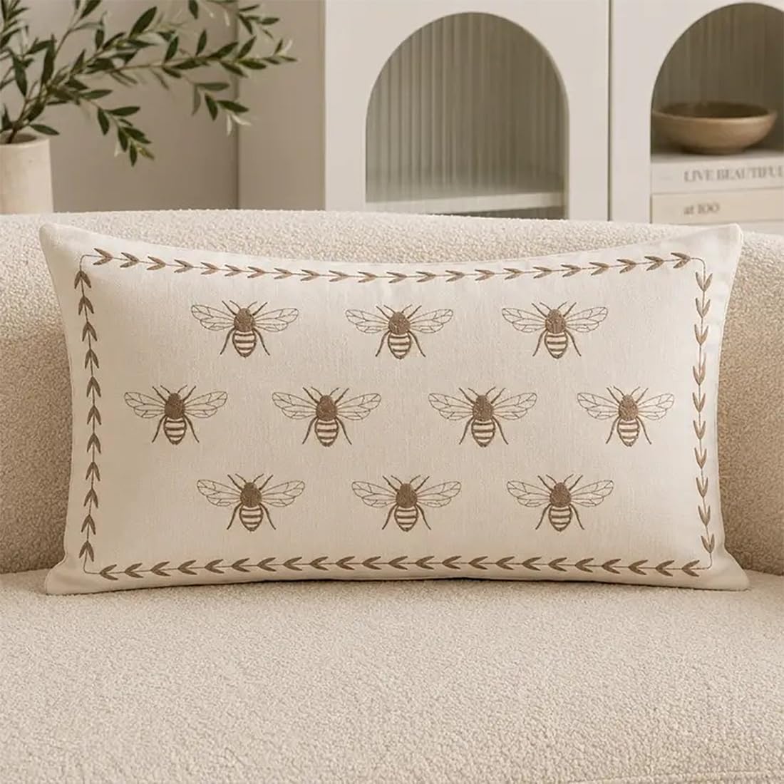 Ivory Embroidered Bee Decorative Filled Throw Pillow, 18" X 18", 1-Pack