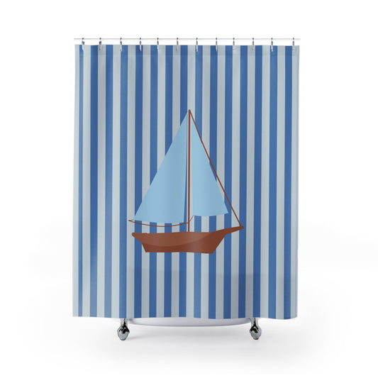 Nautical Blue Striped Shower Curtain with Vintage Sailboat
