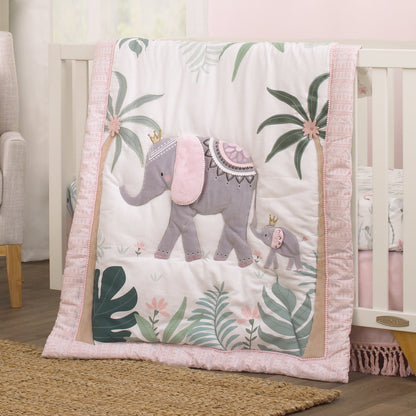 Tropical Princess Elephant /Jungle Pink and Green 4 Piece Crib Bedding Set