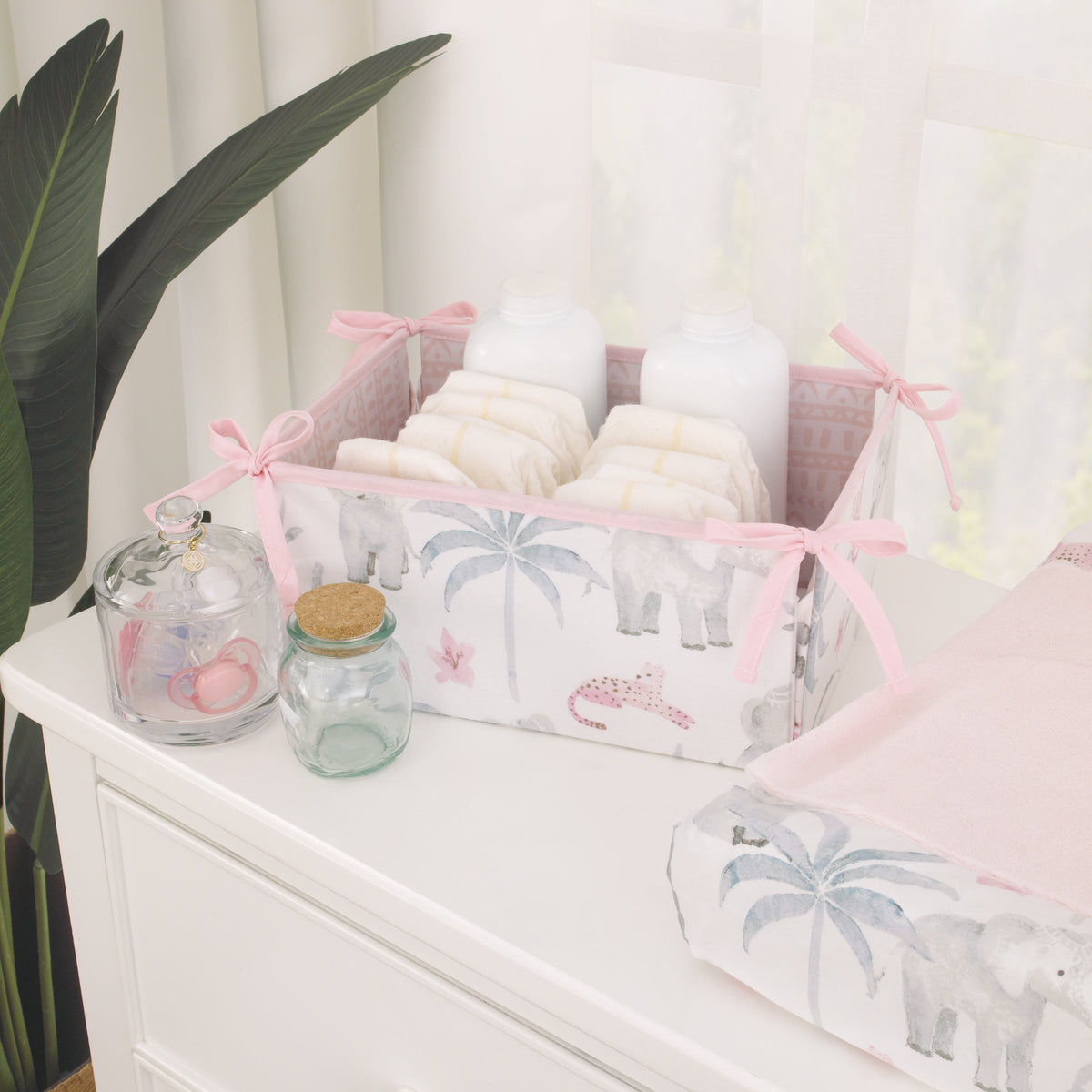 Tropical Princess Elephant /Jungle Pink and Green 4 Piece Crib Bedding Set