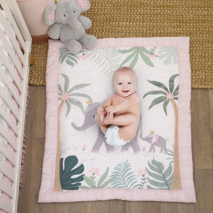 Tropical Princess Elephant /Jungle Pink and Green 4 Piece Crib Bedding Set