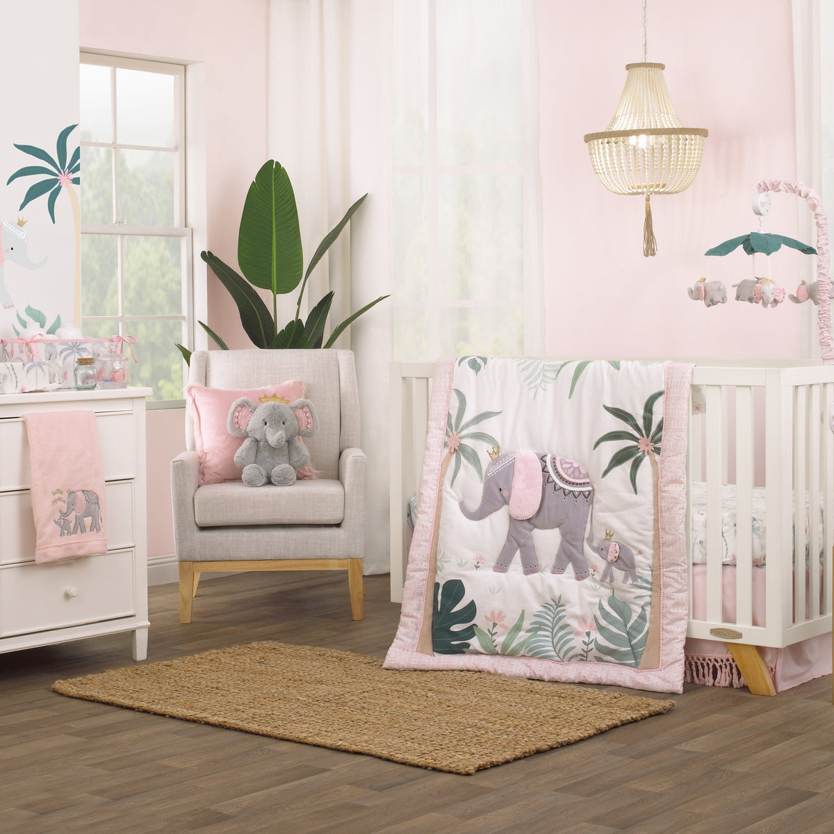 Tropical Princess Elephant /Jungle Pink and Green 4 Piece Crib Bedding Set