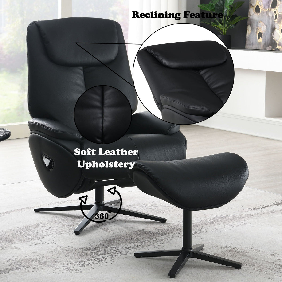 Top Grain Leather Accent Chair With Swivel & Ottoman - Black