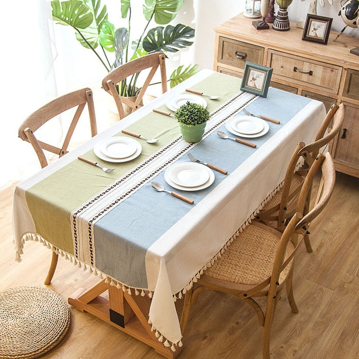 Plaid Decorative Linen Tablecloth With Tassel Waterproof Oilproof