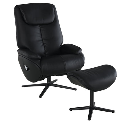 Top Grain Leather Accent Chair With Swivel & Ottoman - Black