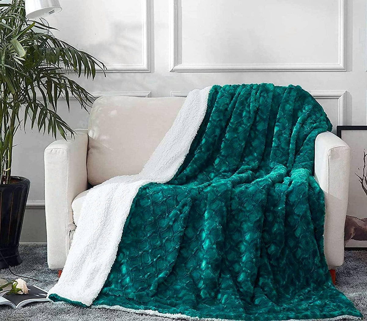 Emerald Green Blue Faux Fur Sherpa Throw Blanket