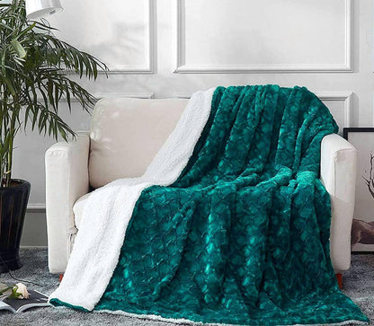 Emerald Green Blue Faux Fur Sherpa Throw Blanket