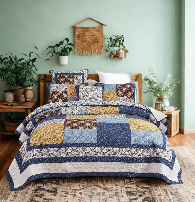 Prairie Sunset White Blue Yellow Brown Floral Cotton Patchwork Quilt Set