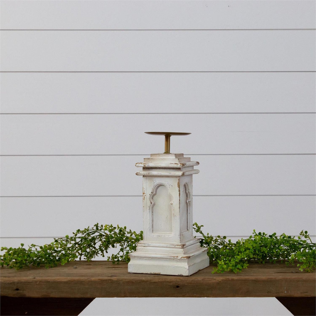 Distressed White Wooden Pillar Candle Holder | 2 Sizes