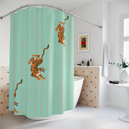 Pastel Turquoise Striped Tiger Shower Curtain