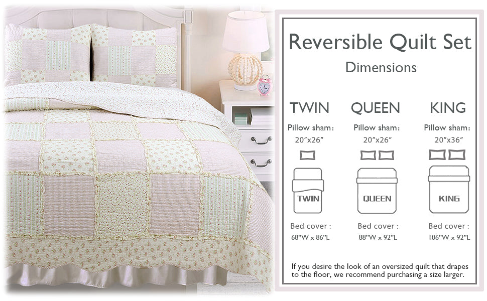 Sweet Peach Pink Floral Ruffle Scalloped Real Patchwork Cotton Reversible Quilt Bedding Set