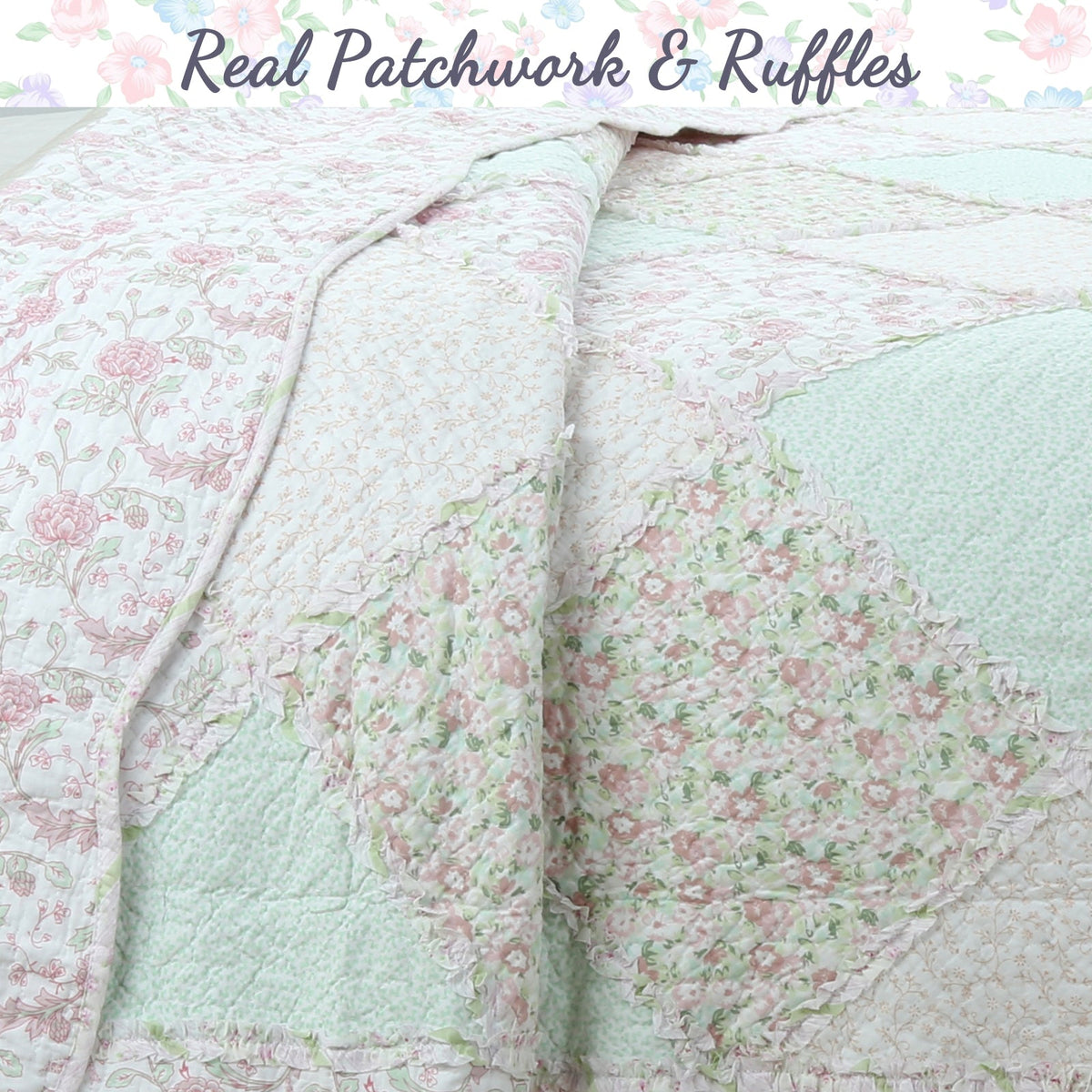 Banner Pink Floral Ruffle Real Patchwork Scalloped Edge Cotton Reversible Quilt Bedding Set
