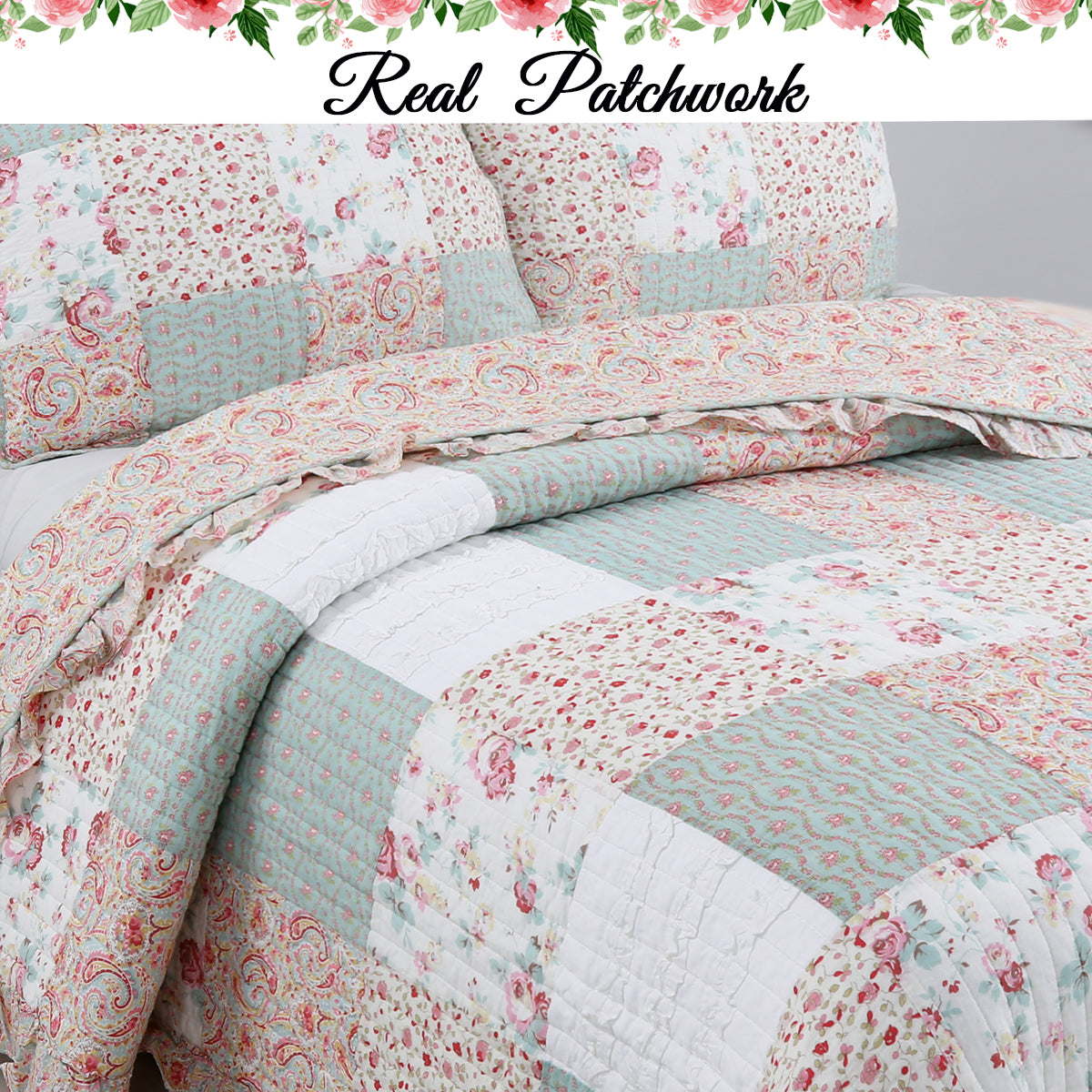 Mucci Floral Ruffle Real Patchwork Cotton 3-Piece Reversible Quilt Bedding Set