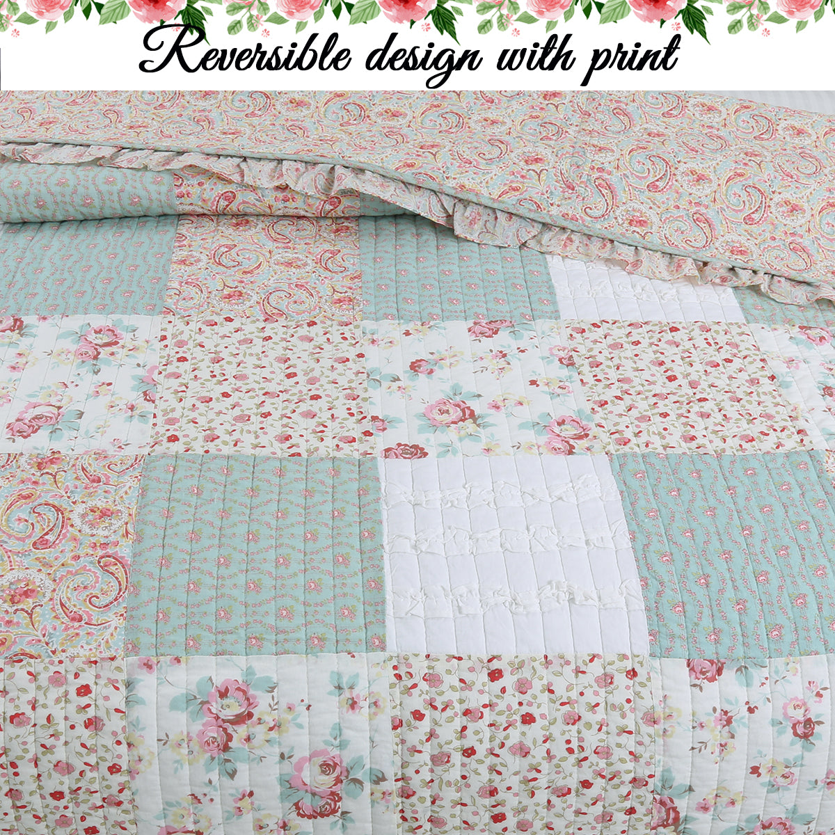 Mucci Floral Ruffle Real Patchwork Cotton 3-Piece Reversible Quilt Bedding Set