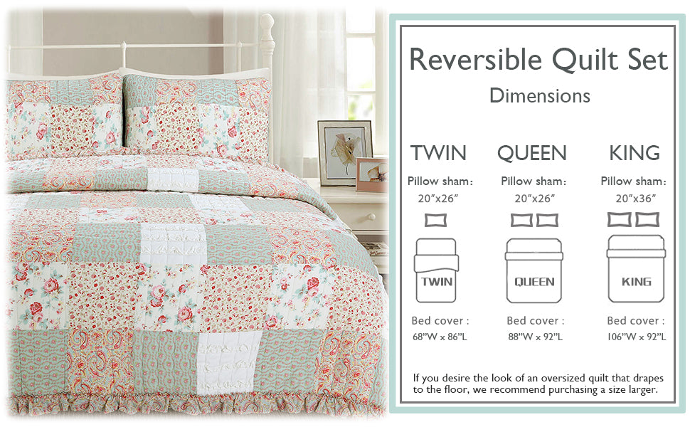 Mucci Floral Ruffle Real Patchwork Cotton 3-Piece Reversible Quilt Bedding Set