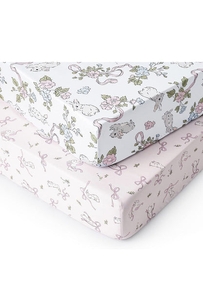 Baby Crib Sheets 2 Pack Fitted Standard Crib Rabbit and Floral Pink Cream