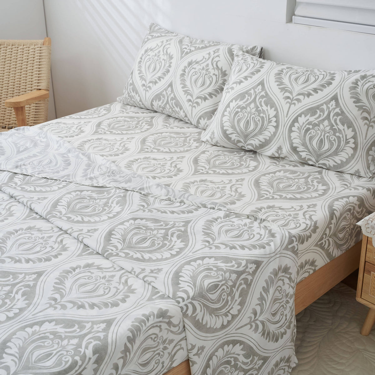 Dreamy Moon Sky Heather Gray White Bed Sheet Set