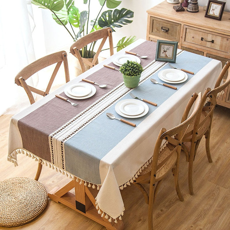 Plaid Decorative Linen Tablecloth With Tassel Waterproof Oilproof