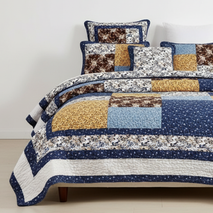 Prairie Sunset White Blue Yellow Brown Floral Cotton Patchwork Quilt Set