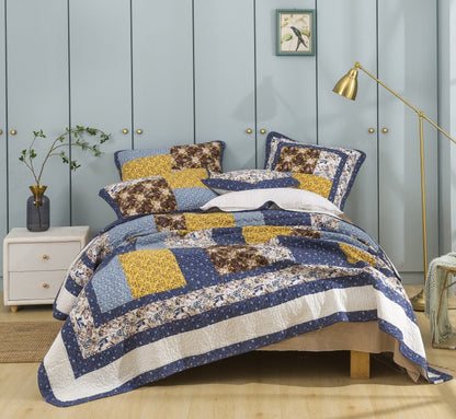 Prairie Sunset White Blue Yellow Brown Floral Cotton Patchwork Quilt Set