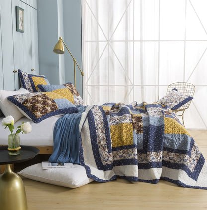 Prairie Sunset White Blue Yellow Brown Floral Cotton Patchwork Quilt Set