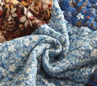 Prairie Sunset White Blue Yellow Brown Floral Cotton Patchwork Quilt Set