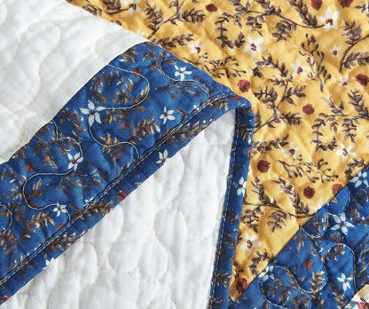 Prairie Sunset White Blue Yellow Brown Floral Cotton Patchwork Quilt Set