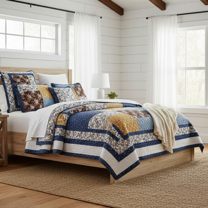 Prairie Sunset White Blue Yellow Brown Floral Cotton Patchwork Quilt Set