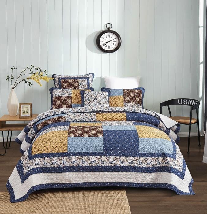 Prairie Sunset White Blue Yellow Brown Floral Cotton Patchwork Quilt Set